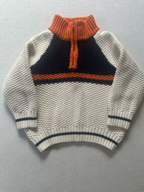 Janie and Jack Cream Knit Crewneck Sweater with Navy & Orange Accents